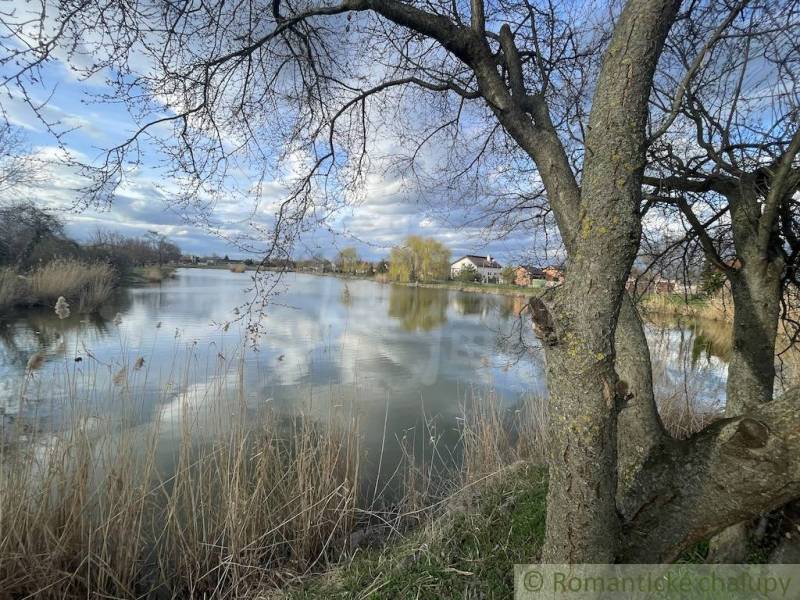 Der See in Tvrdošovce mit Blick auf die Natur und die Häuser im Hintergrund.