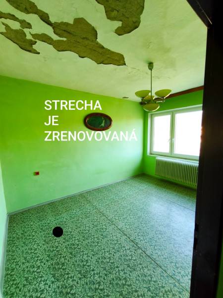 Ein Zimmer in einem Einfamilienhaus mit abgebröckeltem Putz und grünen Wänden.