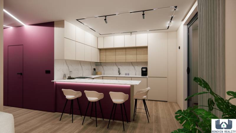 Küche in einer 3-Zimmer-Wohnung mit Insel, Marmorplatte und Boden mit Holzdekor.