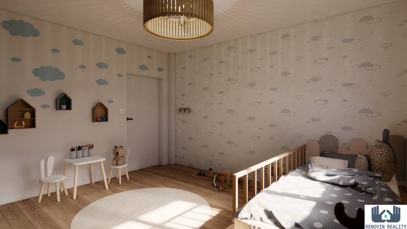 Kinderzimmer mit Tapete mit Wolken und Boden mit Holzdekor, 3-Zimmer-Wohnung.
