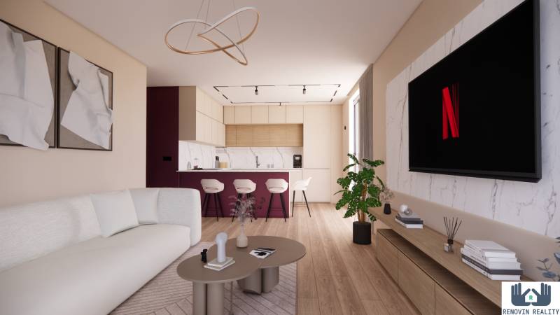 Ein stilvolles Wohnzimmer in einer 3-Zimmer-Wohnung mit Holzboden und einer modernen Küche.