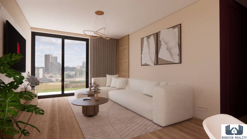 Helles Wohnzimmer mit Holzboden und bequemer Couch, 3-Zimmer-Wohnung.