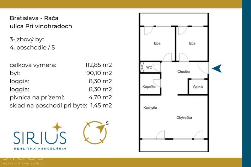 Grundriss einer 3-Zimmer-Wohnung in Bratislava - Rača, Pri vinohradoch Straße, mit Loggien und Keller.