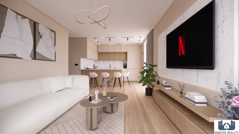 Innenarchitektur eines Wohnzimmers in einem offenen Raum mit Küche, Boden mit Holzdekor.