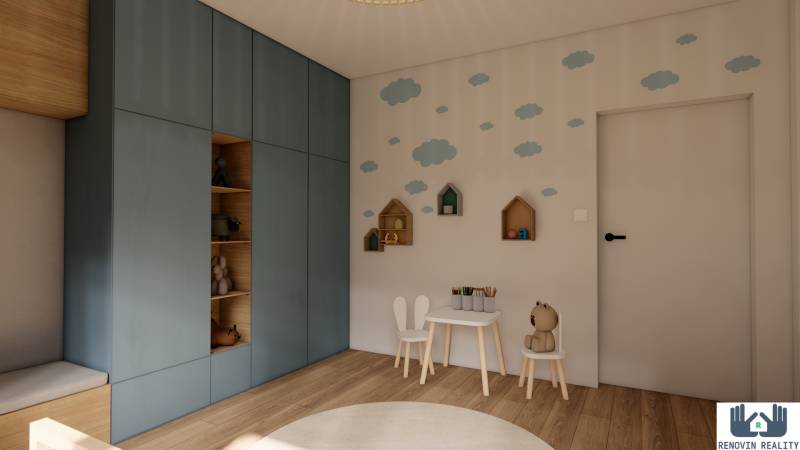 Kinderzimmer mit Dekorationen, Möbeln und Holzboden in einer 3-Zimmer-Wohnung.