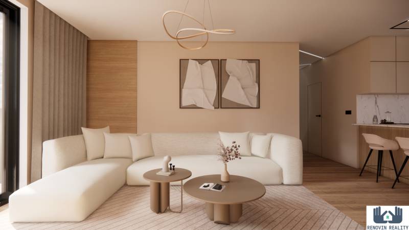 Helles Wohnzimmer mit Sofa, Tischen und Holzboden in einem Wohnungsbauprojekt.