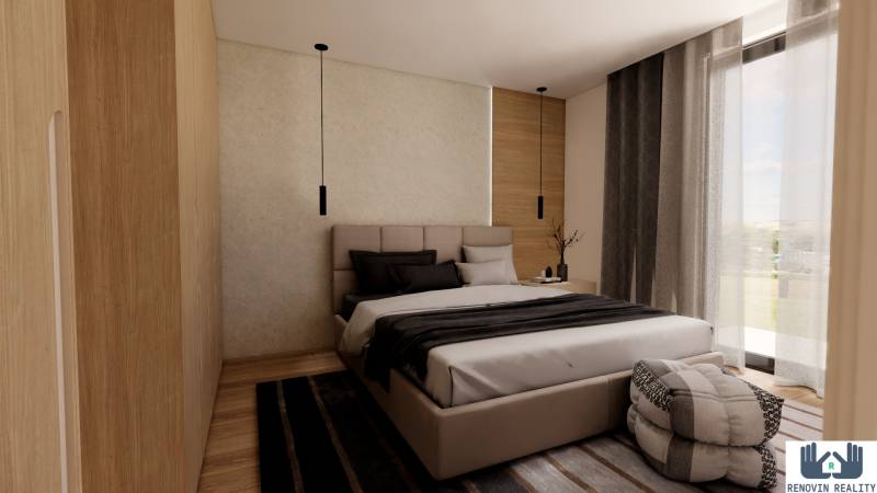 Schlafzimmer in einer 3-Zimmer-Wohnung, Bett, Vorhänge, Boden mit Holzdekor, Blick durch das Fenster.