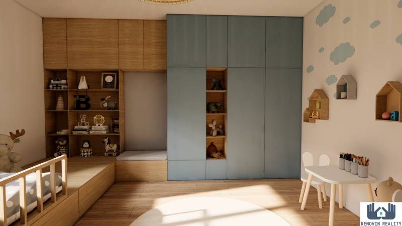 Kinderzimmer in einer 3-Zimmer-Wohnung mit Wandmalereien und einem Boden in Holzoptik.