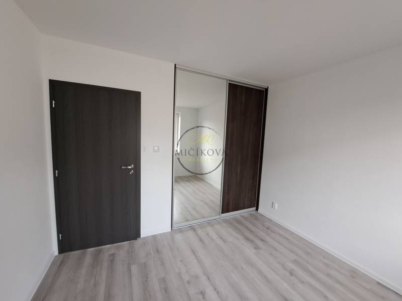 Weißes Zimmer mit dunkler Tür, Einbauschrank und Holzboden in einem Einfamilienhaus.