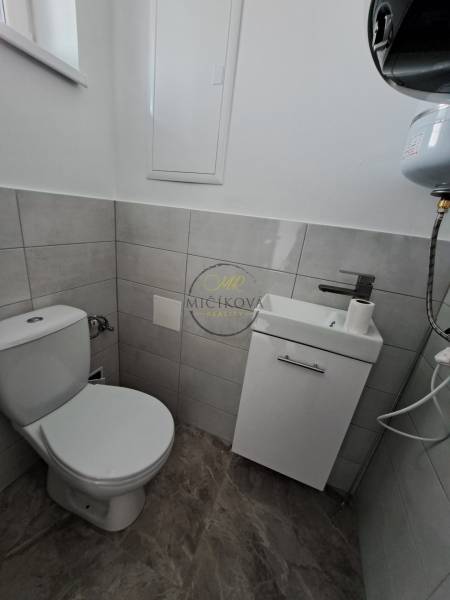 Badezimmer im Einfamilienhaus mit Toilette, Waschbecken und Boden in Holzoptik.