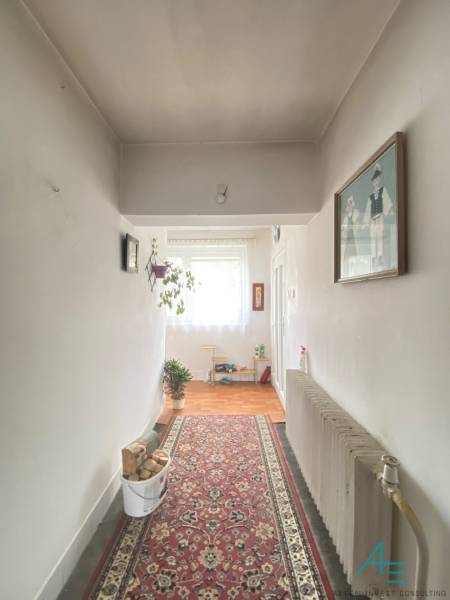 Ein Flur in einem Einfamilienhaus mit Teppichboden und Holzboden-Dekor.