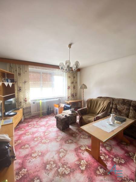 Wohnzimmer in einem Einfamilienhaus mit einem Teppich mit Blumenmuster und Möbeln.