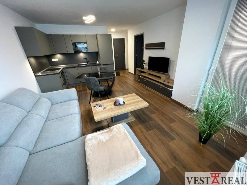 Das Wohnzimmer mit Küche enthält moderne Möbel, einschließlich eines bequemen Sofas in der Novomestská-Straße.