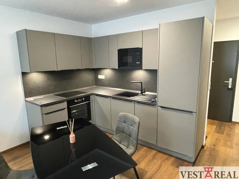 Küche mit grauen Schränken und Esstisch in der Novomestská-Straße in einer 2-Zimmer-Wohnung.