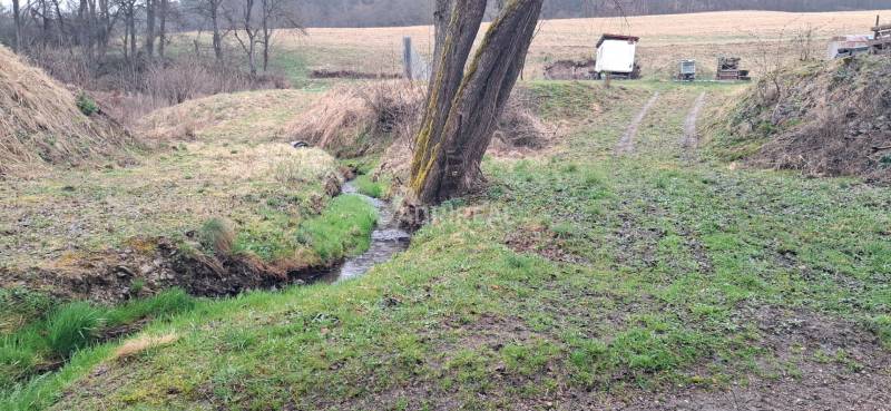 Grundstück in Sampor, Sliač, geeignet zum Wohnen mit Bach und Bäumen.