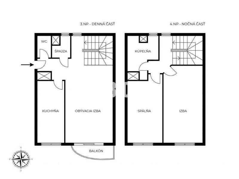 Grundriss einer 3-Zimmer-Wohnung mit Treppe, Badezimmer und Balkon auf zwei Etagen.