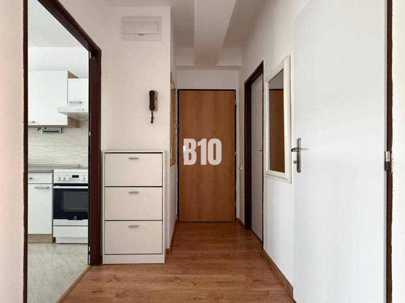 Flur mit Holzboden im Ferienapartment, im Hintergrund die Küche.