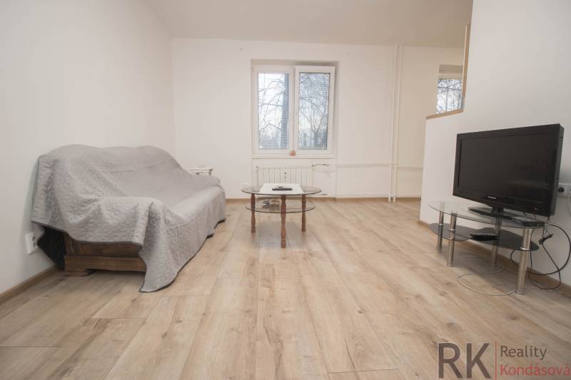 Wohnzimmer in einer 2-Zimmer-Wohnung mit einem Sofa, einem Tisch und einem Fernseher auf einem Boden mit Holzdekor.