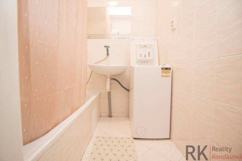 Badezimmer mit Duschvorhang, Waschbecken und Waschmaschine in einer 4-Zimmer-Wohnung.