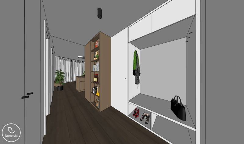 Innenraum einer 2-Zimmer-Wohnung mit Holzdekor, Einbauschränken und einem hellen Wohnbereich.