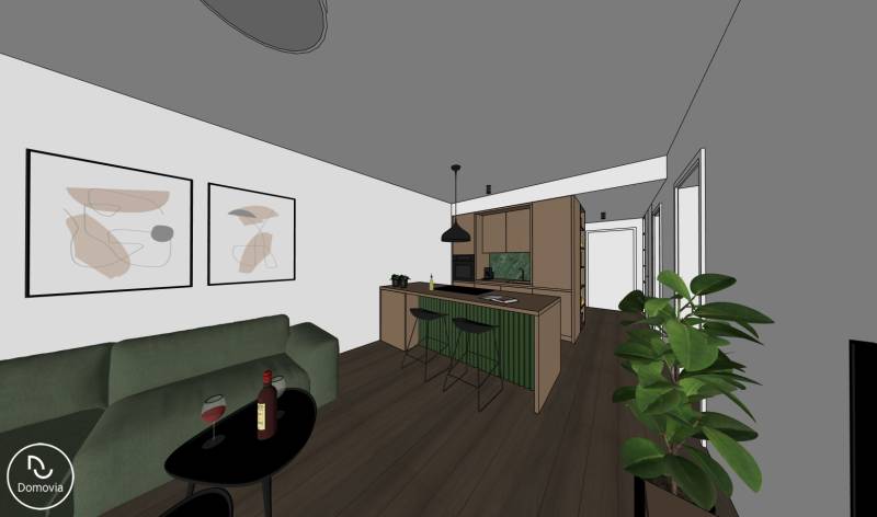 Wohnzimmer mit Küche, grünes Sofa, Essbereich, Boden mit Holzdekor.