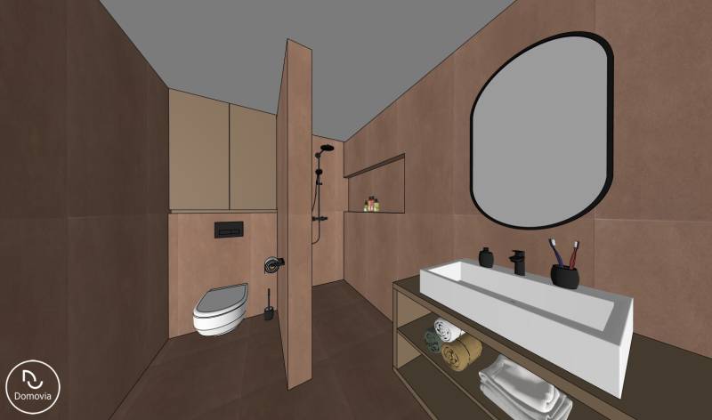 Modernes Badezimmer in einer 2-Zimmer-Wohnung mit geräumiger Dusche und Waschbecken.