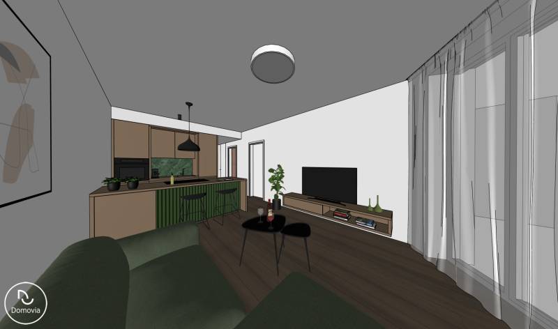 Wohnzimmer in einer 2-Zimmer-Wohnung mit Küchenzeile und Boden in Holzoptik.