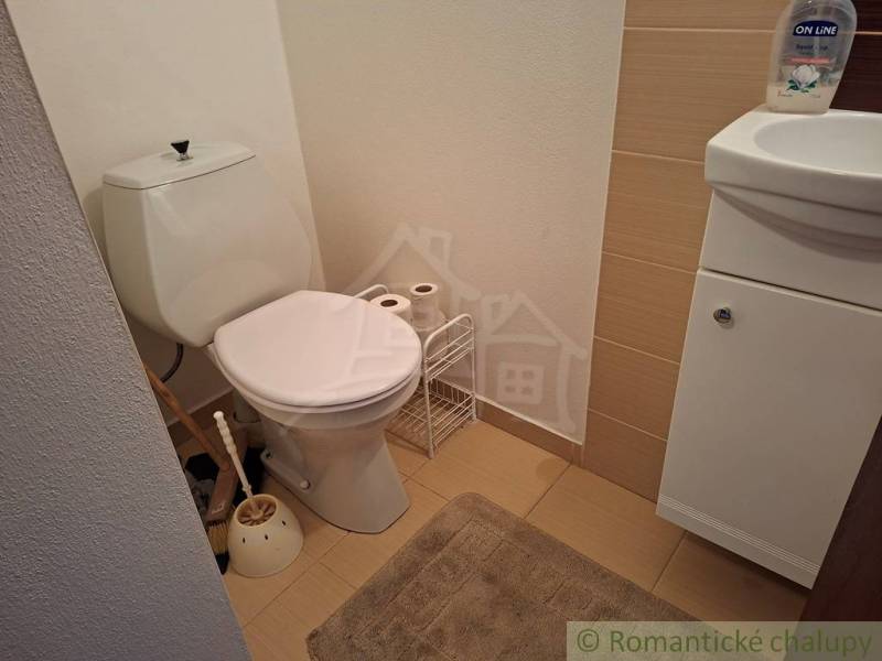 Badezimmer in einem Einfamilienhaus mit Toilette und Waschbecken auf einem Boden mit Holzdekor.