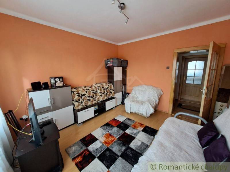 Wohnzimmer in einem Einfamilienhaus mit Möbeln, Fernseher und einem Boden in Holzoptik.