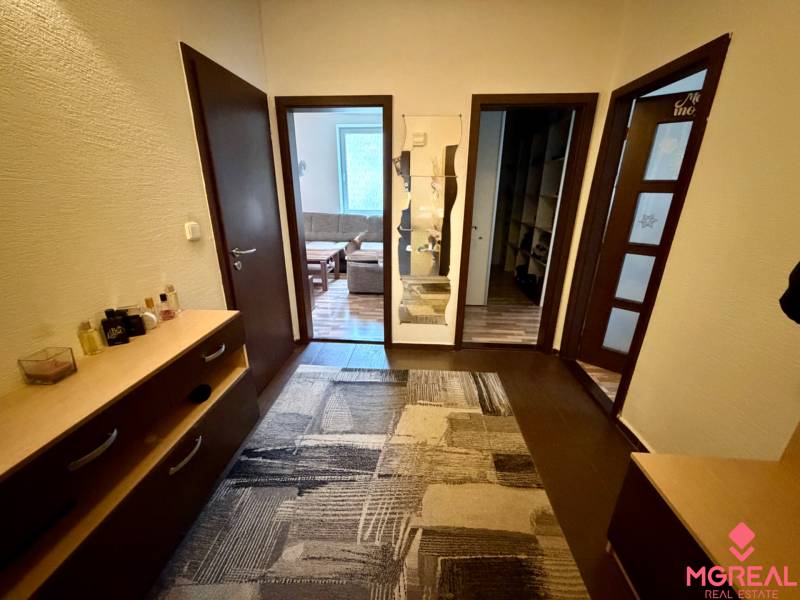 Eingangsbereich einer 3-Zimmer-Wohnung mit Holzboden und Teppich.