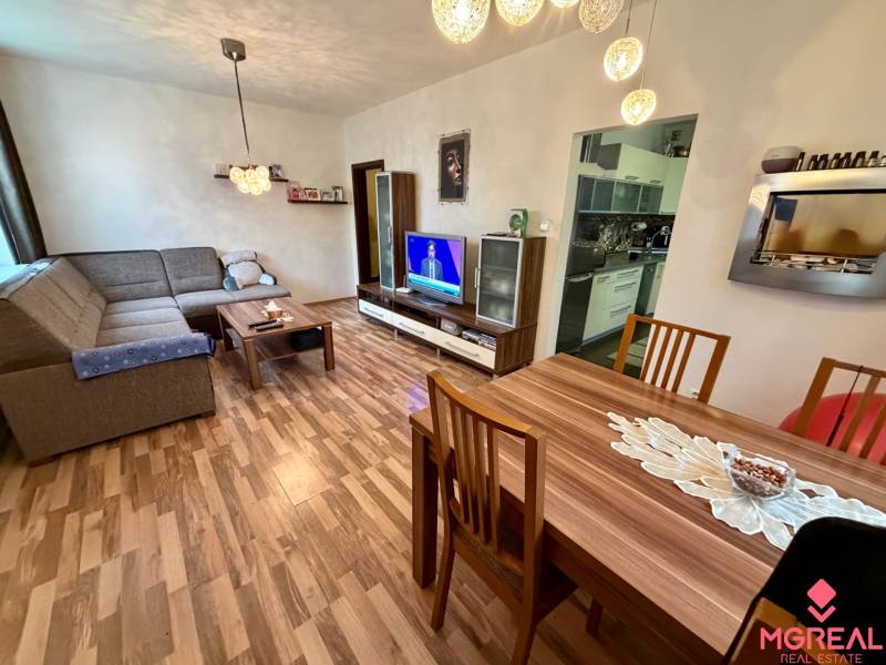 Wohnzimmer in einer 3-Zimmer-Wohnung mit Holzboden, Sofa und Fernseher.