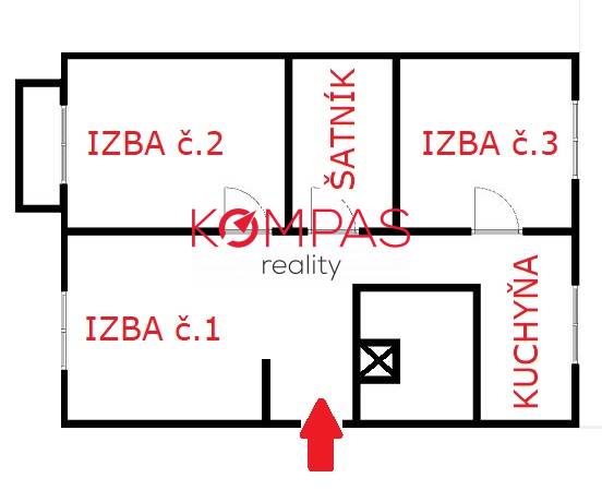Grundriss einer 3-Zimmer-Wohnung mit Ankleidezimmer und Küche.