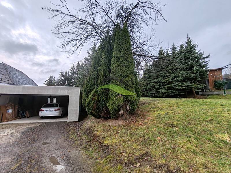 Die Garage bei dem Einfamilienhaus in der Hauptstraße in Piskorovce ist von Nadelbäumen umgeben.