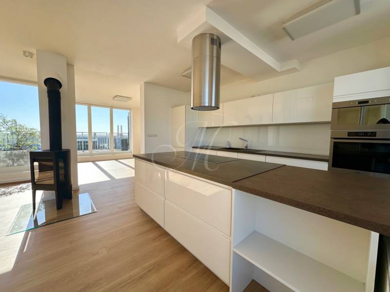 Küche in einer 4-Zimmer-Wohnung mit Kamin und Boden in Holzoptik.