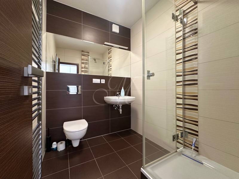 Badezimmer mit Dusche und dunklen Fliesen in einer 4-Zimmer-Wohnung.