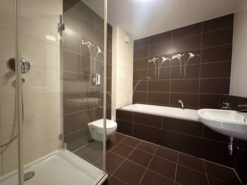 Ein Badezimmer in einer 4-Zimmer-Wohnung mit einer Badewanne und einer Dusche, gefliest mit braunen Fliesen.