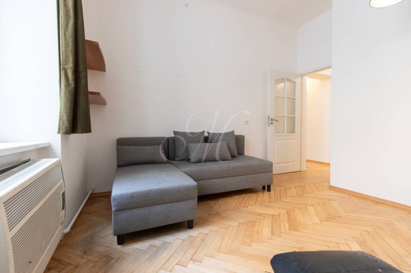 Graues Sofa mit Kissen und Boden mit Holzdekor in einer 4-Zimmer-Wohnung.