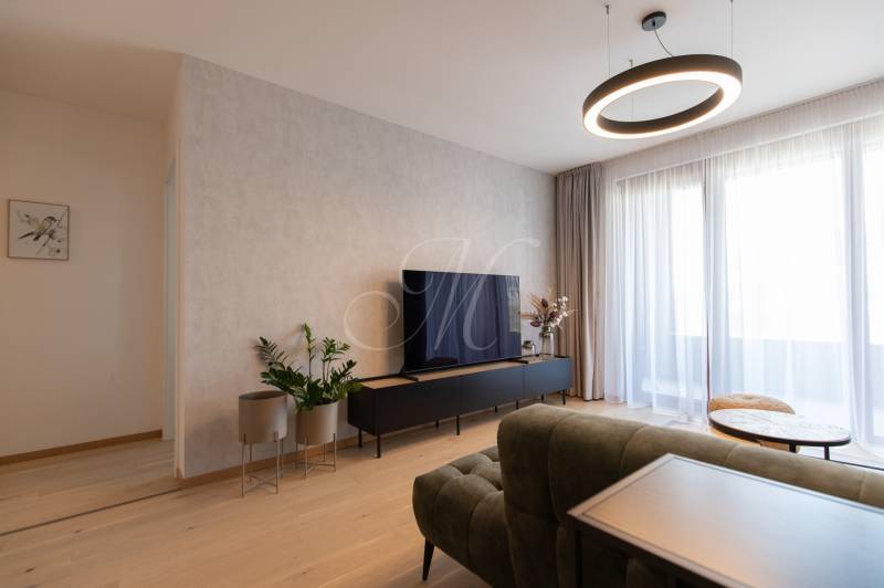 Wohnbereich in einer 2-Zimmer-Wohnung mit Holzboden und Fernseher.