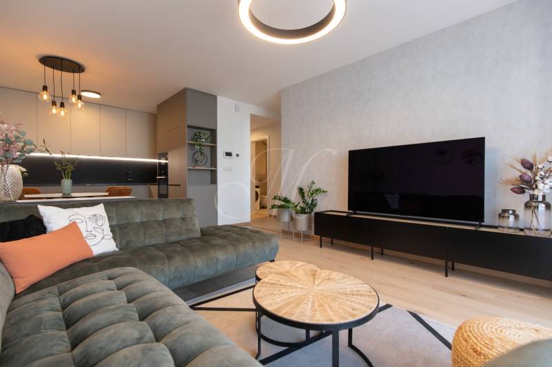 Wohnzimmer in einer 2-Zimmer-Wohnung mit Holzboden und stilvollen Möbeln.