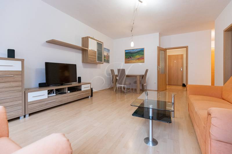 Wohnzimmer in einer 2-Zimmer-Wohnung mit Holzboden und orangefarbenem Sofa.