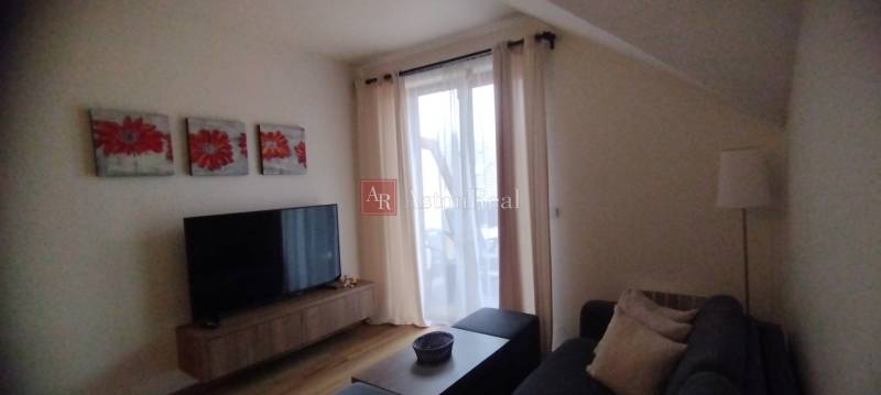 Wohnzimmer in einer 2-Zimmer-Wohnung mit Holzboden, Dekoration und Fernseher.
