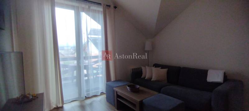 Wohnzimmer in einer Zweizimmerwohnung mit Sofa, Couchtisch und Blick auf den Balkon.