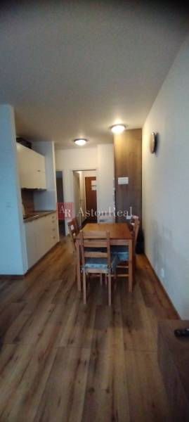 Esszimmer in einer 2-Zimmer-Wohnung mit Holzboden und Holztisch.