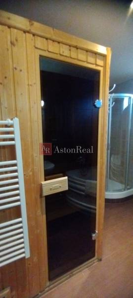 Sauna und Dusche im Badezimmer einer Zweizimmerwohnung mit Holzboden.