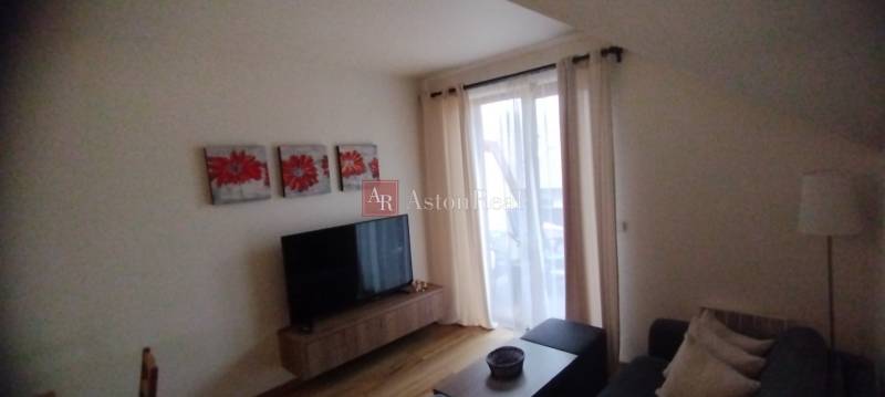 Wohnzimmer mit Sofa, Fernseher und roten Bildern in einer 2-Zimmer-Wohnung.