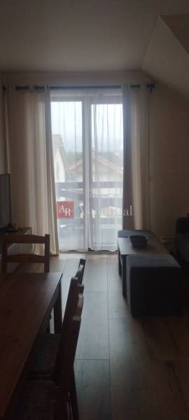 Wohnzimmer in einer Zweizimmerwohnung mit Holzboden und französischem Fenster.