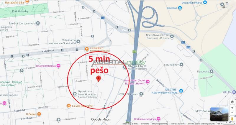 Karte mit einem Fußweg in Bratislava - Ružinov auf der Exnárova-Straße.