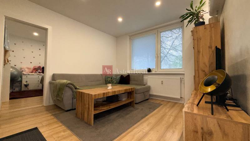 Wohnzimmer in einer 4-Zimmer-Wohnung mit Holzboden und bequemer Couch.