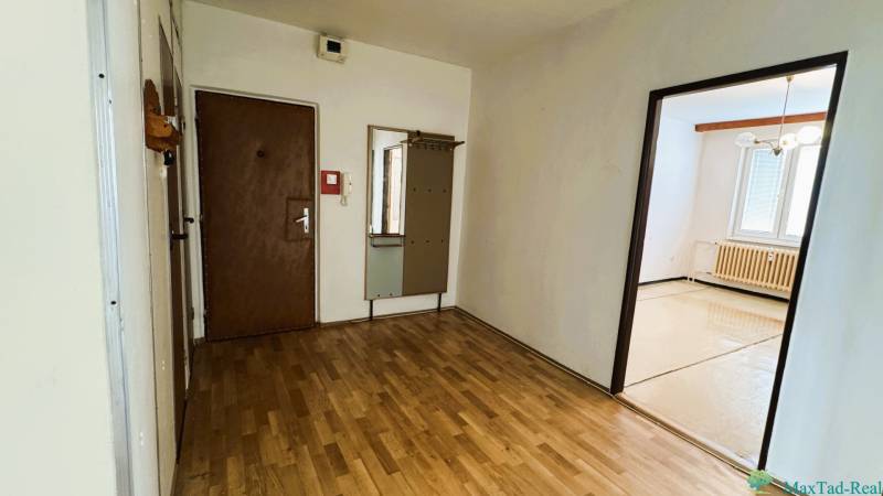 Eingangsflur mit Spiegel und Boden in Holzoptik in einer 3-Zimmer-Wohnung.