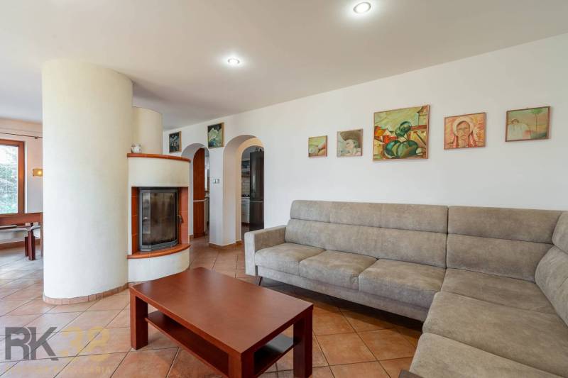 Wohnzimmer eines Einfamilienhauses mit Kamin, Sofa und Kunstwerken an der Wand.